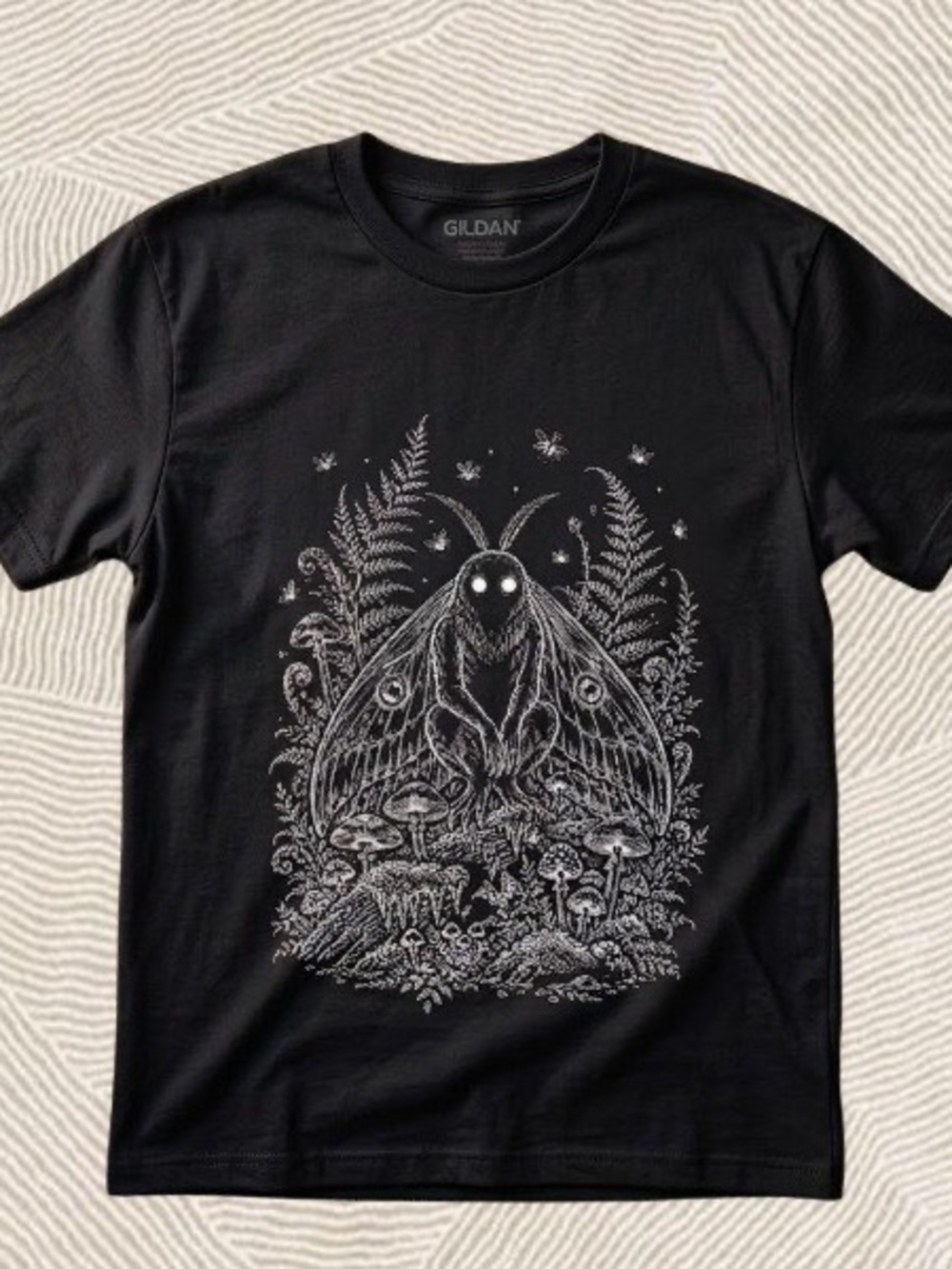 Gildan Black Short-Sleeve Tee with White Moth Forest Graphic